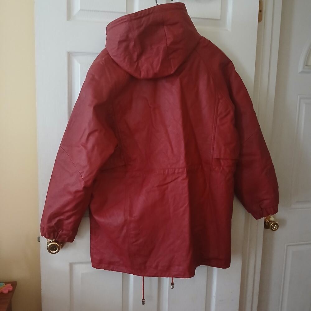 Fashion Elements Coat Women XL Red 100% Leather Casual Hooded Motorcycle 90's - Picture 3 of 16